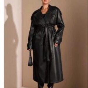 SHEIN Black Faux Leather Long Trench Coat
